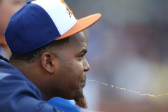 Bulls pitcher Luis Santos spits chewing tobacco from the dugout as the International League Durham Bulls take on the Syracuse Mets at the Durham Bulls Athletic Park. August 6, 2019. Durham, NC