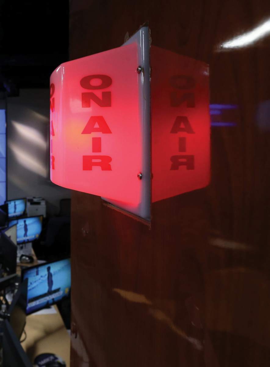 An ‘On Air’ light blinks during the ABC11 Eyewitness noon broadcast. January 15, 2020. Raleigh, NC