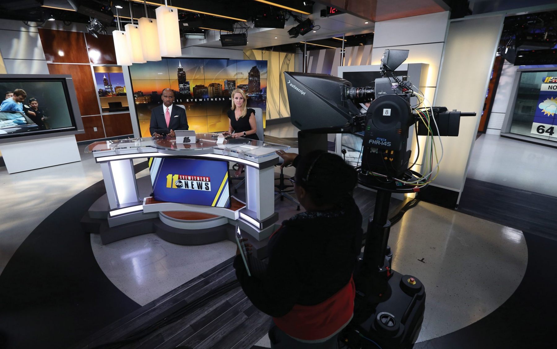Co-anchors John Clark and Barbara Gibbs come out of a break during the ABC11 Eyewitness noon broadcast. January 15, 2020. Raleigh, NC