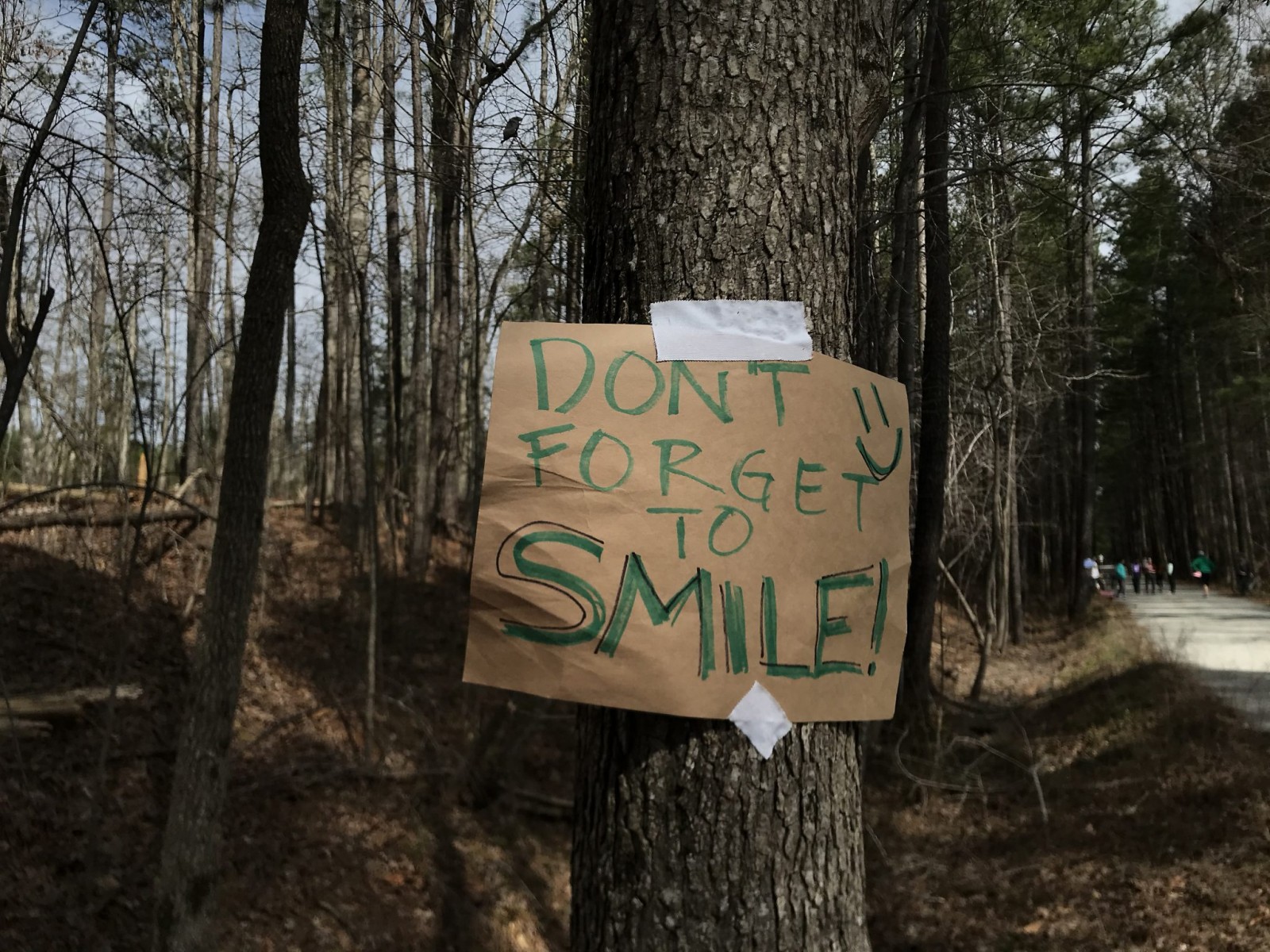 Due to COVID-19, the 2020 Tobacco Road Marathon and Half Marathon was cancelled  but runners still came out to run the course as a sign encouraging runners during the cancelled event. March 15, 2020. Apex, NC