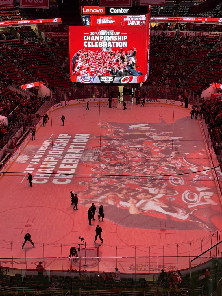 View of the empty ice rink before a Carolina Hurricane's game from a seat in the stands.