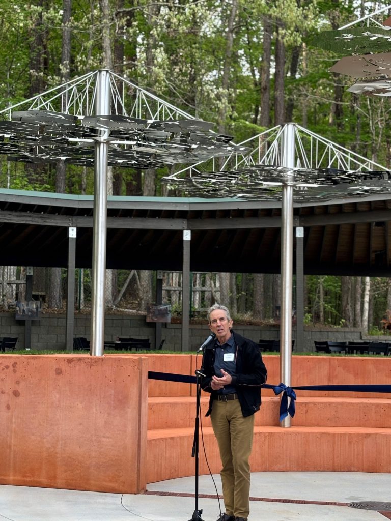 Man speaking into a microphone outside in front of crowd